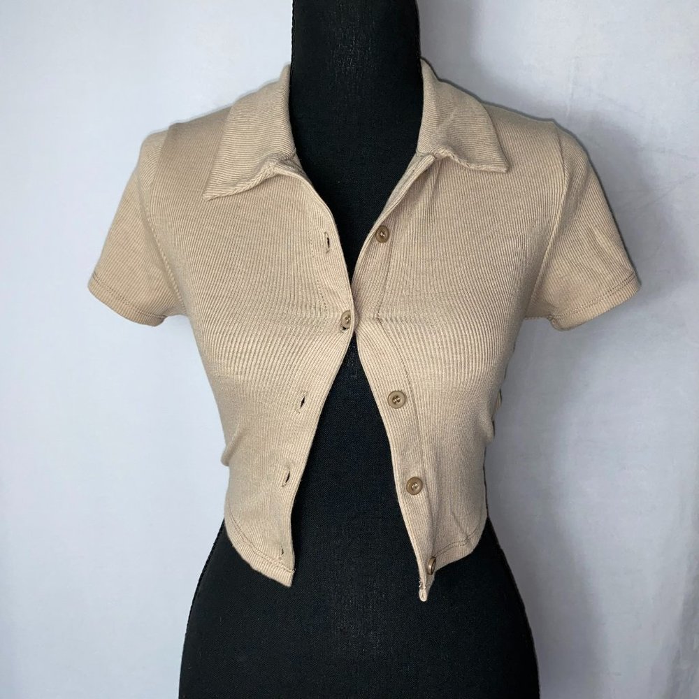 Active USA Brown Crop Top with Front Button Closure and Back Tie